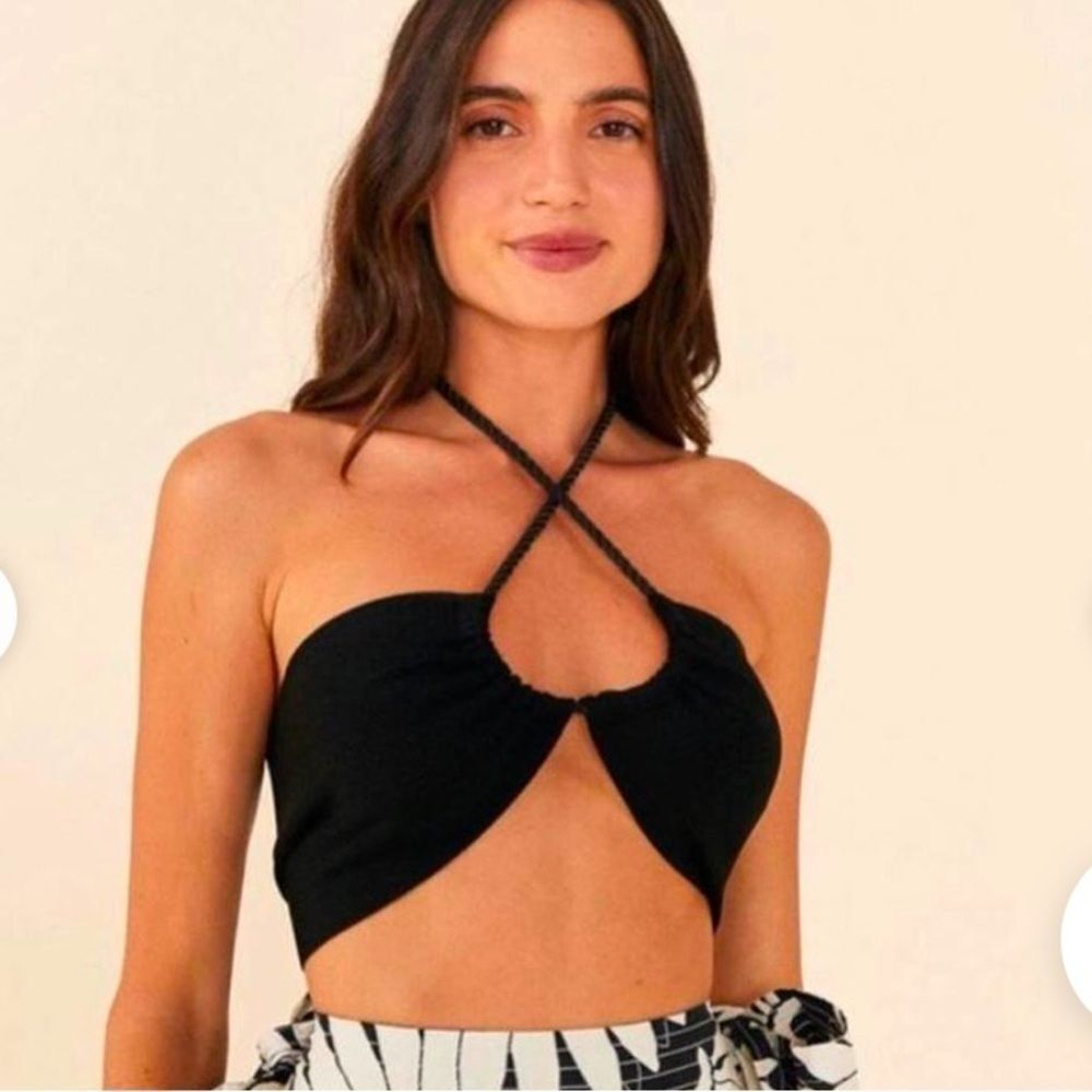 Farm Rio M Black Halter Top With Beaded Tassels